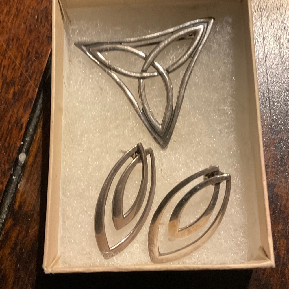 Elegant Silver Triquetra Brooch and Earring Set